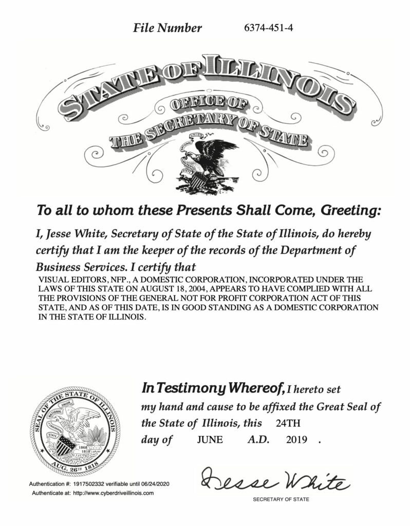 Illinois Secretary of State Certificate - Business in good standing